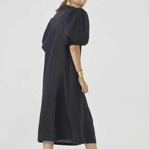 Ann Taylor Black Linen Midi Dress Puff Sleeves V Neck Medium M